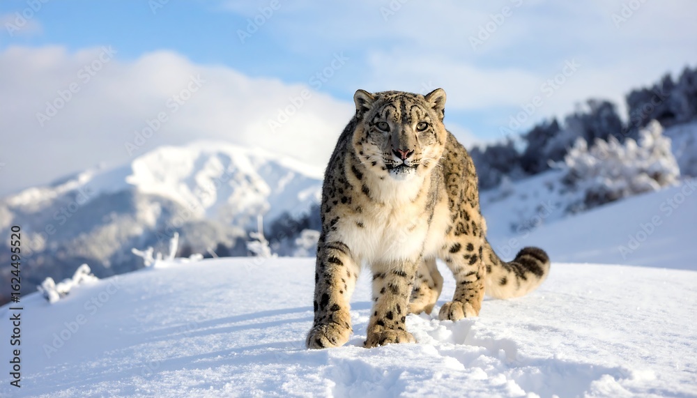 Obraz premium Majestic snow leopard walking towards the viewer across a snow-covered mountain peak