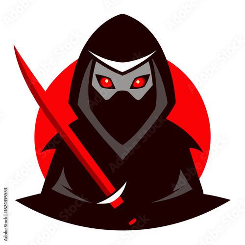 Stealth Ninja with Red Eyes and Glowing Blade, Cloaked in Deep Crimson Shadows