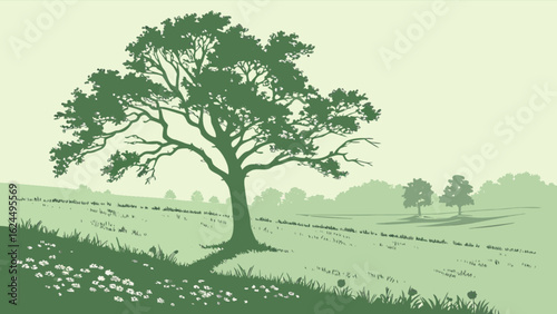 A serene landscape featuring a majestic tree in a lush field, capturing the tranquility of nature and the beauty of the countryside, creating a peaceful and idyllic scene