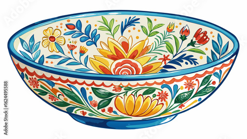 A hand-painted ceramic bowl with graceful floral patterns rests elegantly on a white background. Its vivid colors and brushwork reflect timeless charm, ideal for decorative purposes in a cozy living r