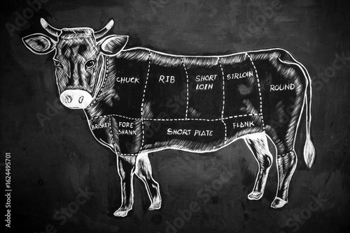 Cut of beef set. Poster Butcher diagram. Vintage typographic hand-drawn illustration.