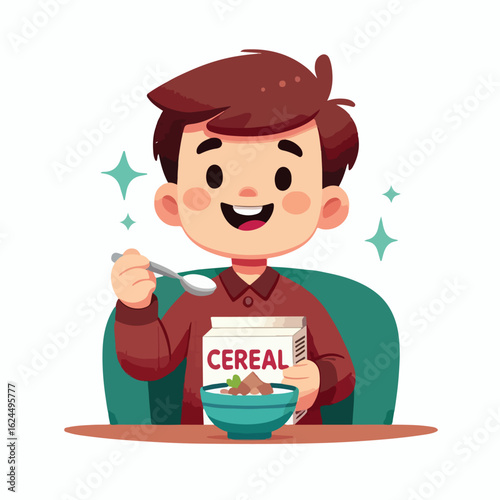 Happy child holding cereal box