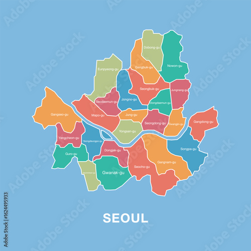 Colorful map of Seoul, South Korea with labeled administrative districts. Vector illustration isolated on blue background. Tourist infographic, detailed city plan, modern design.