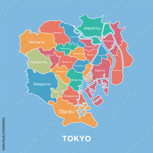 Colorful map of Tokyo, Japan with labeled administrative districts. Vector illustration isolated on blue background. Tourist infographic, detailed city plan, modern design.