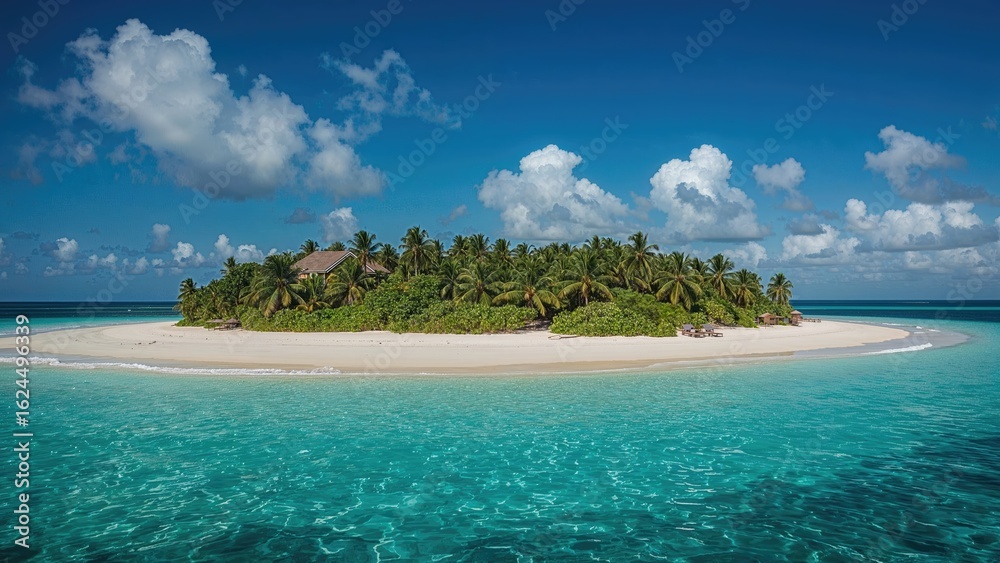 Fototapeta premium Bird's-eye view of a holiday home surrounded by palm trees on a remote island with a surrounding coral barrier.