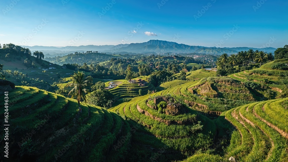 Naklejka premium Overhead drone image showcasing terraced rice cultivation
