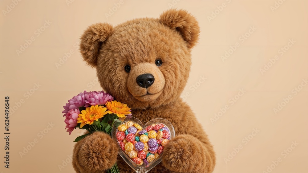 Obraz premium Cute bear clutching sweets and a blossom