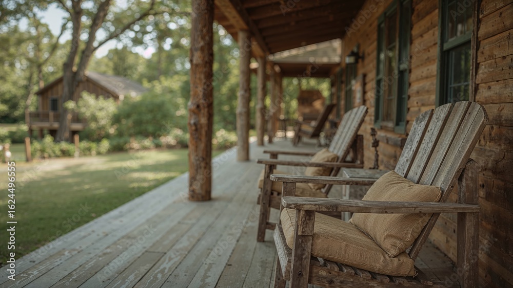 Comfortable deck chairs arranged on the rear terrace of a vacation cabin Comfortable deck chairs arranged on the rear terrace of a vacation cabin