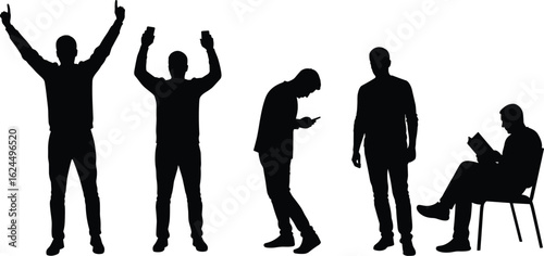 Silhouettes of diverse men in various poses, from celebrating and using smartphones to standing and reading, for business and lifestyle.
