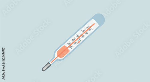 Medical thermometer reading on light blue background showing temperature
