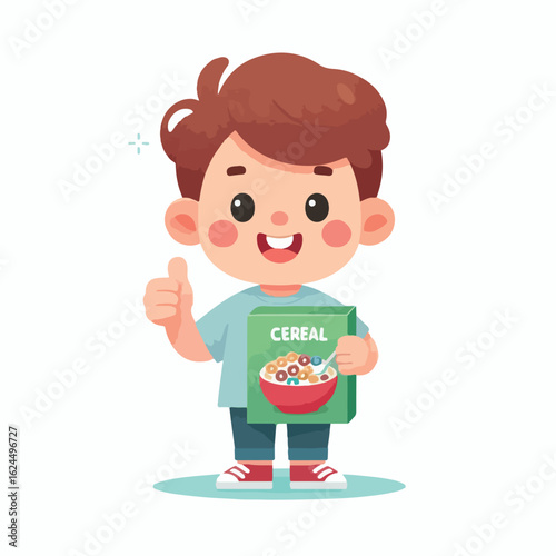 Happy child holding cereal box