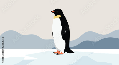 Adélie penguin standing on ice floe, mountains in the background. Nature graphic