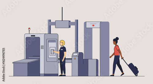 Airport security. Passenger walks through security while employee checks pass