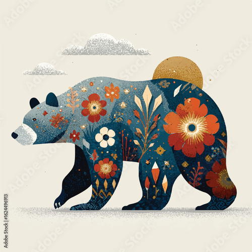 Artistic Floral Bear Illustration Walking Under Cloudy Skies and a Golden Sun Folk Art Style Digital Rendering
