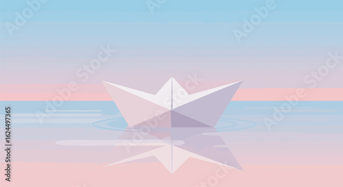Paper boat floats on water at sunset with reflection. Simple, calm background