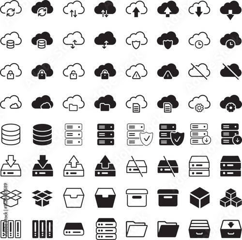 Storage icon set in line and filled style. Vector icons of cloud, hard drive, server, folder, USB, and storage devices. Suitable for apps, UI design, websites, and infographics.