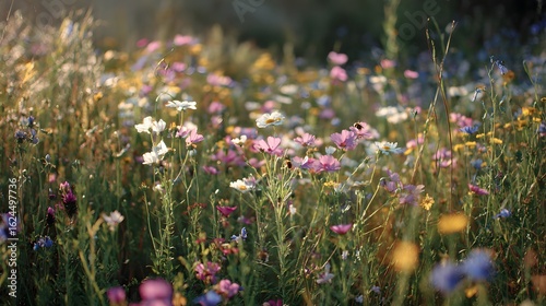 Fototapeta Naklejka Na Ścianę i Meble -  Ground level shot of wildflower field summer golden hour lighting casting long natural shadows bees buzzing near petals dreamy soft background with rolling meadows