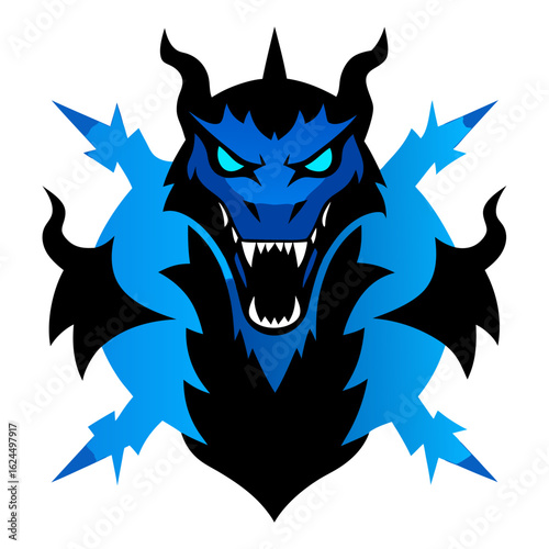 Three-headed blue hydra mascot glowing with electric mist over a stormy vector backdrop