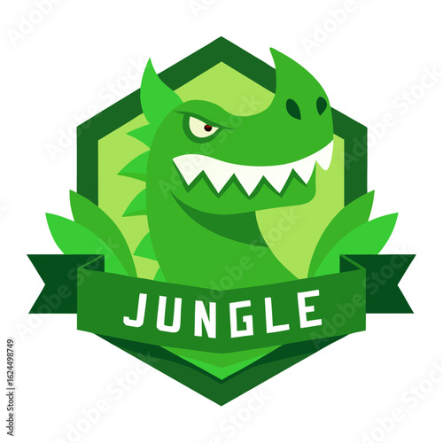Pixel-art crocodile with neon teeth and spiked back inside a vine-wrapped, swampy dark emblem