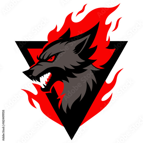 Demon wolf surrounded by red digital flames and smoke, roaring within a black-glow triangle emblem