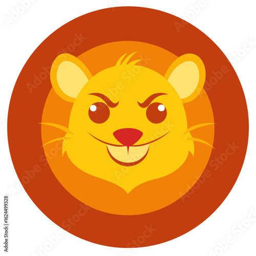 Golden mouse with mischievous look and raised brow in a clean orange-accented circular badge
