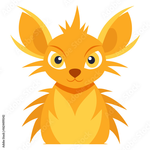 Cartoon rodent with oversized ears and spiky fur in radiant yellow-orange vector form with sleek contours