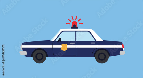 Cartoon police car on light blue background for transportation or safety campaigns