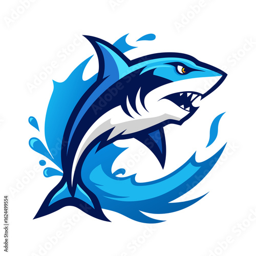 Shark leaping from stylized splashes in metallic blues with crisp contrast and dynamic esport styling