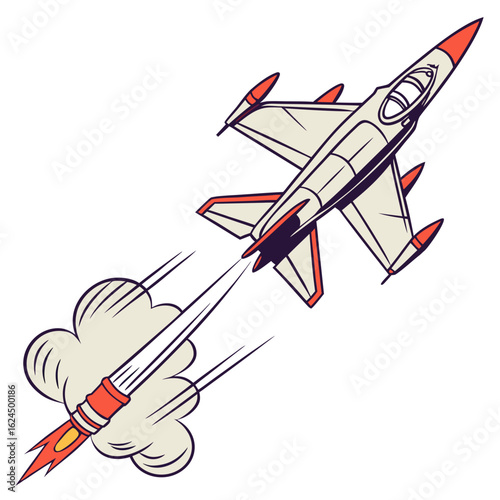 Retro cartoon style fighter jet firing missile leaving a smoke trail in a dynamic aerial combat scene