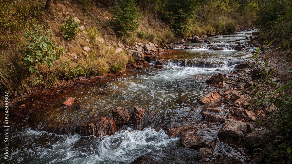 Fototapeta premium Confluence of Abrud and Aries streams at Virs with contamination from a local mining site
