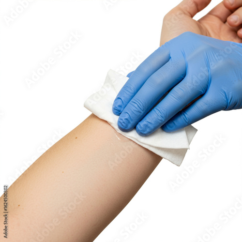 Sterile Injection Prep: Gloved Hand Cleans Forearm with Alcohol Pad in 8k.