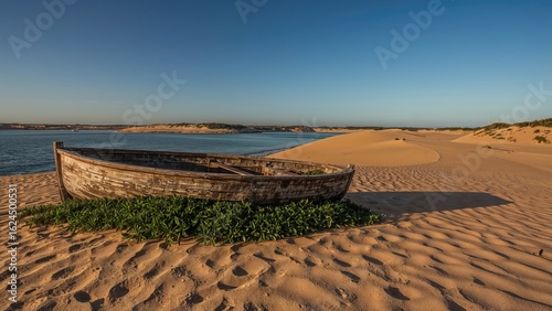 Neglected watercraft situated on plant-filled sand dunes of a wetland.