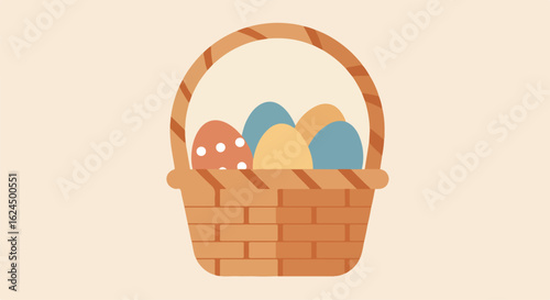 Wicker basket holds colored eggs on light backdrop for seasonal cards or ads