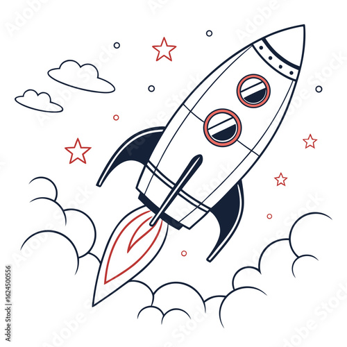 Stylized illustration of a retro rocket ship blasting off into space surrounded by clouds and stars