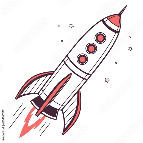 Fototapeta Naklejka Na Ścianę i Meble -  Retro style rocket ship blasting off into space with stars and planets