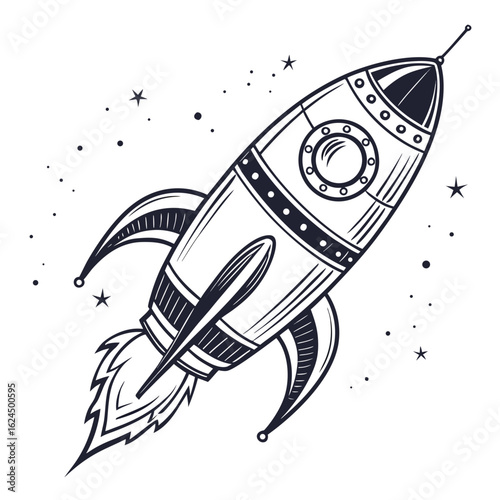Retro style rocket ship blasting off into starry space with fiery exhaust