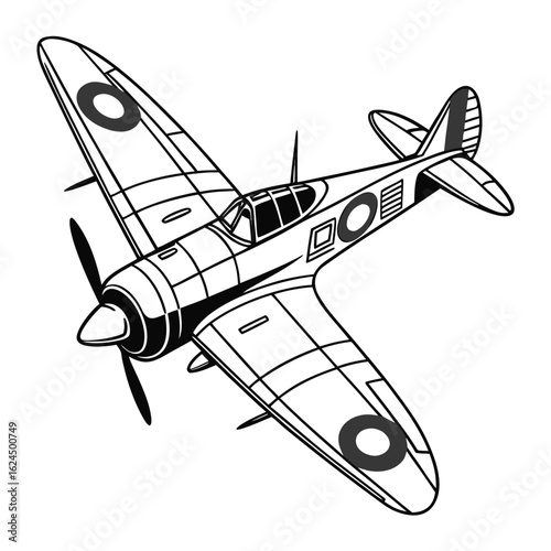 Classic british spitfire fighter airplane in a stylized black and white illustration