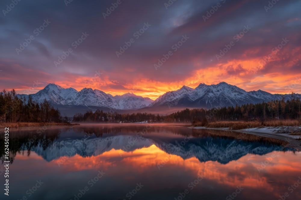 Fototapeta premium Sunrise Reflections On Alpine Lake With Snowy Mountains