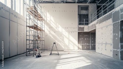 Detailed view of interior drywall installation in a commercial building, showcasing scaffolding and tools for a realistic perspective.