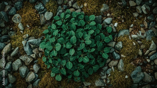 A group of vivid green leaves is spread across multicolored stones draped in moss, highlighting a dramatic natural juxtaposition.