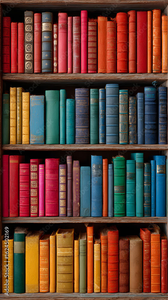 Naklejka premium A Vividly Varnished Bibliotheca: A Kaleidoscope of Knowledge and Stories Arranged on a Bookshelf Full of Colorful Books