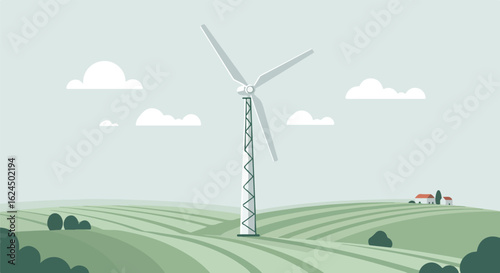Wind turbine generating power in a rural, rolling hillside with some clouds