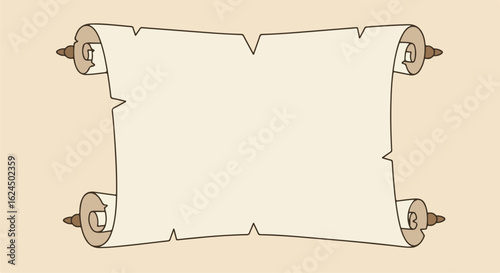 Open vintage parchment scroll, flat tan background, template for message insert