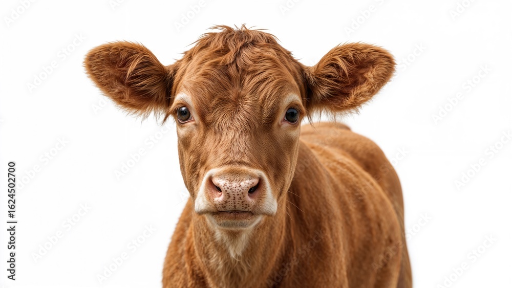 Isolated young calf with brown chestnut coat looking at camera on white background with room for text Isolated young calf with brown chestnut coat looking at camera on white background with room for text
