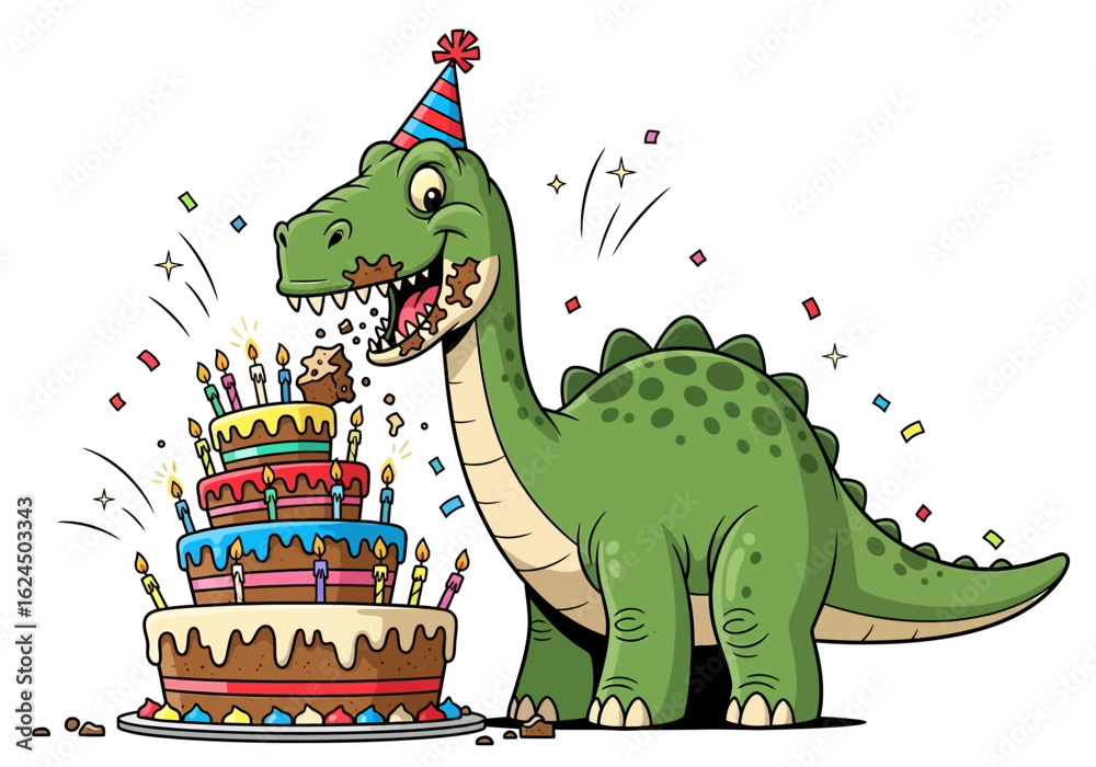 Fototapeta premium Cute Dinosaur Birthday Party Illustration with Cake and Confetti