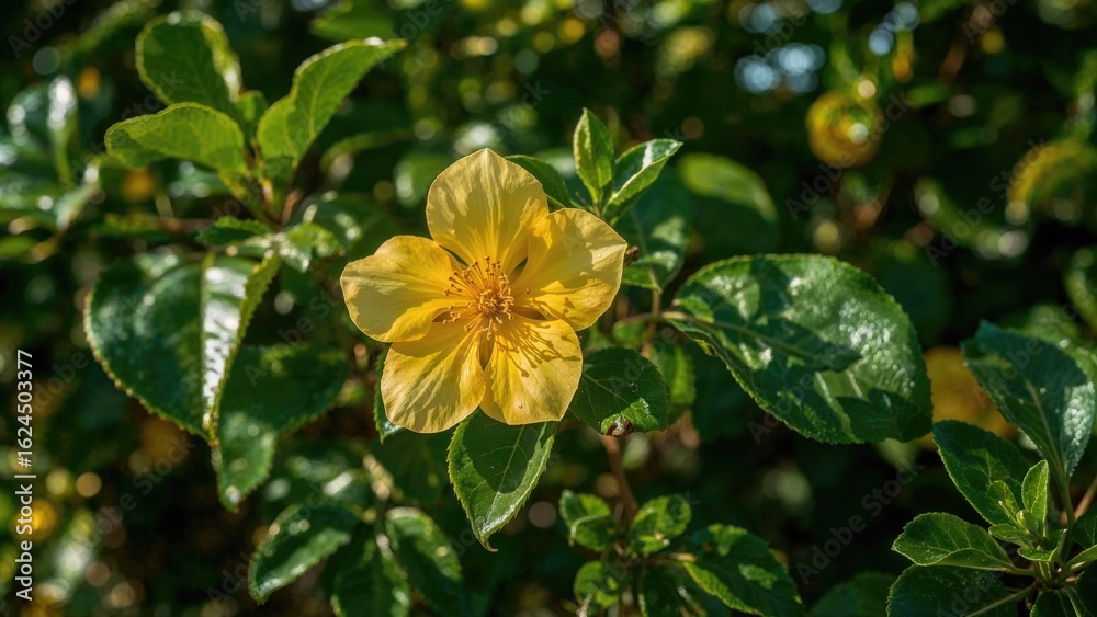 Obraz premium Bright yellow Pereskia bleo bloom accompanied by green leaves on a tree