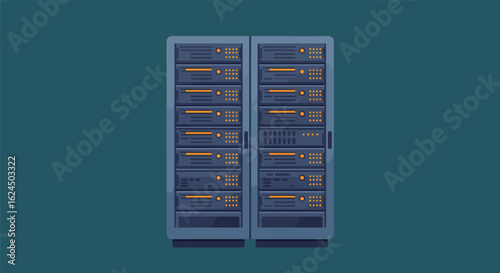 Data center illustration. Rows of servers in a blue data hall. Data storage