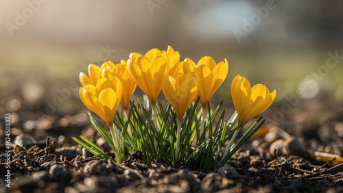 High-definition picture of yellow crocuses blooming during early spring
