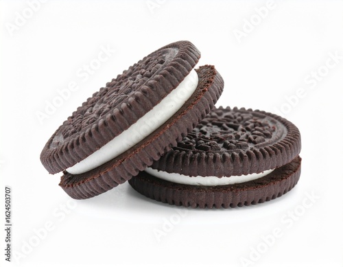 realistic chocolate sandwich cookies with white cream filling and embossed pattern isolated on transparent background.
