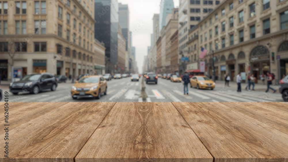 Obraz premium Rustic wood table set against a hazy cityscape, perfect for highlighting merchandise.